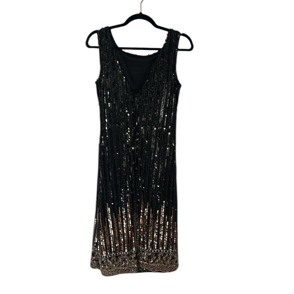 Vintage Steney Black and Gold beaded Midi Tank Dress with V -Back Size 8